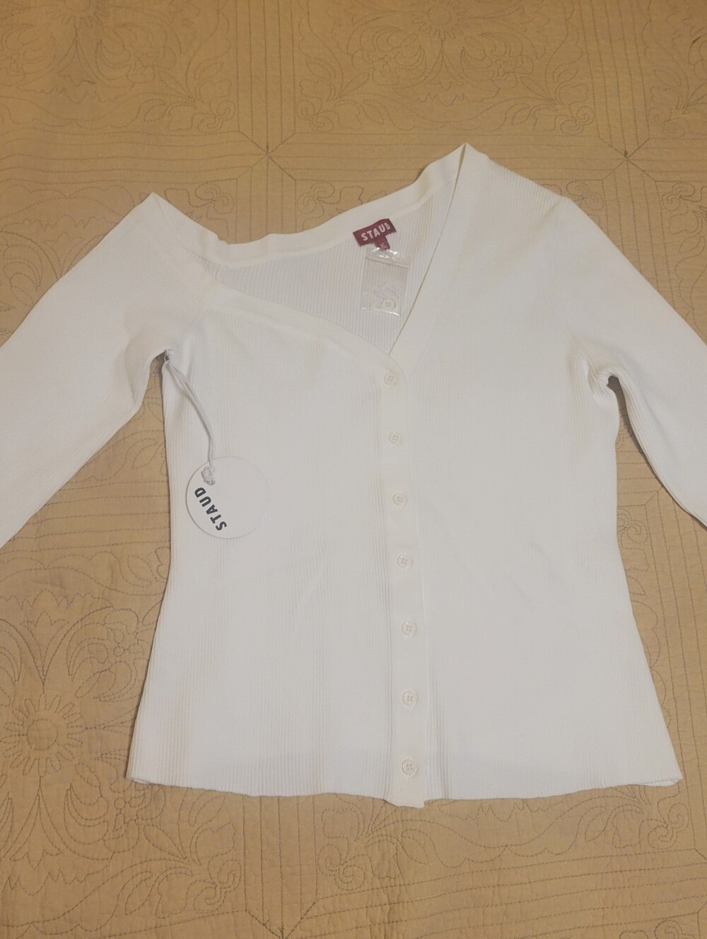 STAUD NWT White Asymetrucal Ribbed Button-Down V-Neck Top